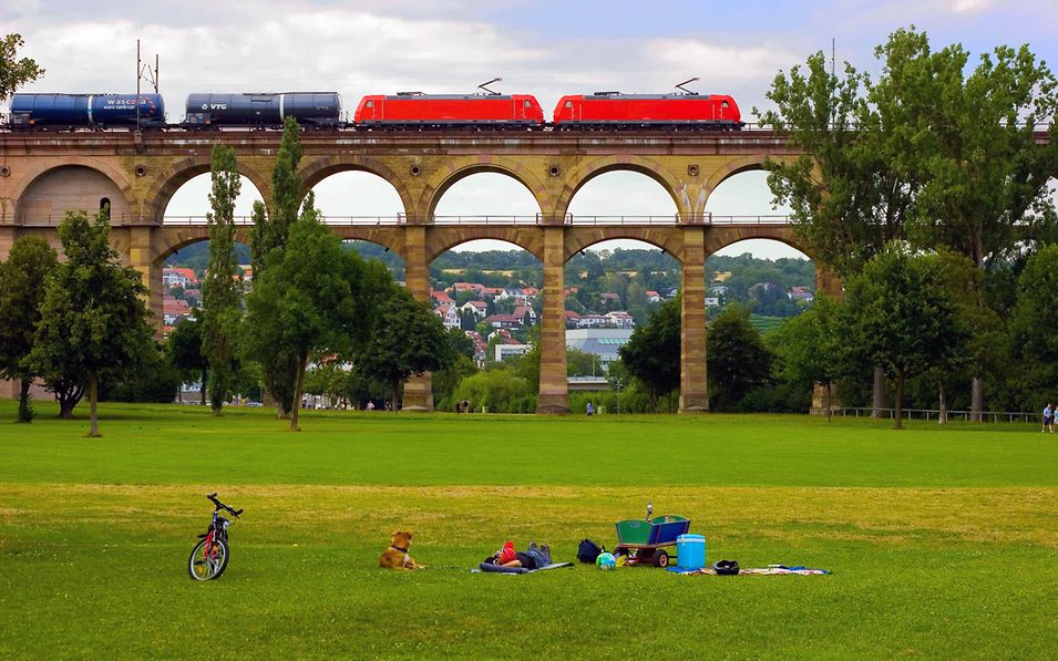 Ein Zug mit Kesselwagen und Doppeltraktion fährt über eine Brücke.