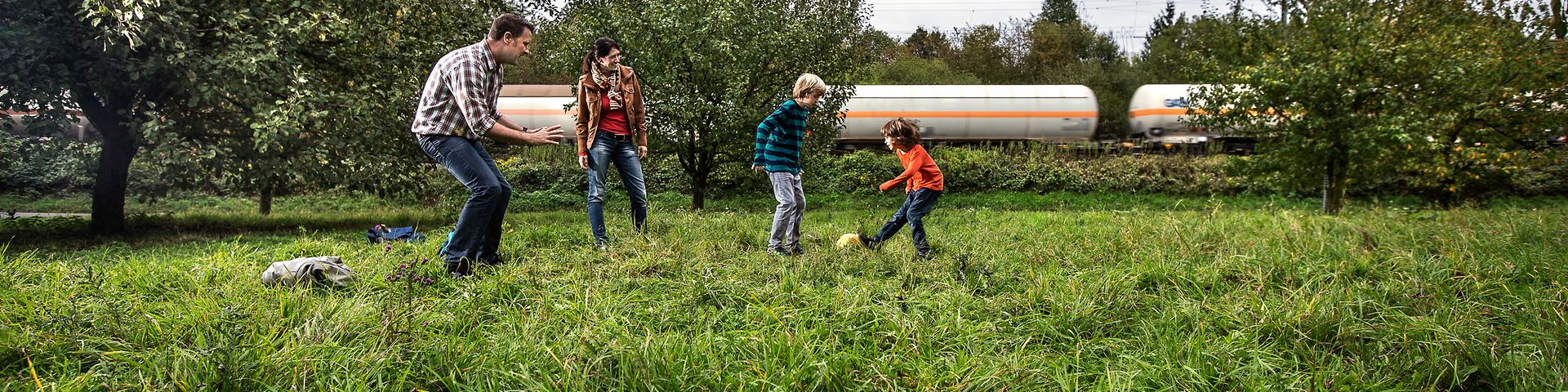 Vierköpfige Familie spielt Ball auf grüner Wiese mit Kesselwagen im Hintergrund.