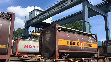 Tank containers at Stade-Brunshausen industrial rail terminal